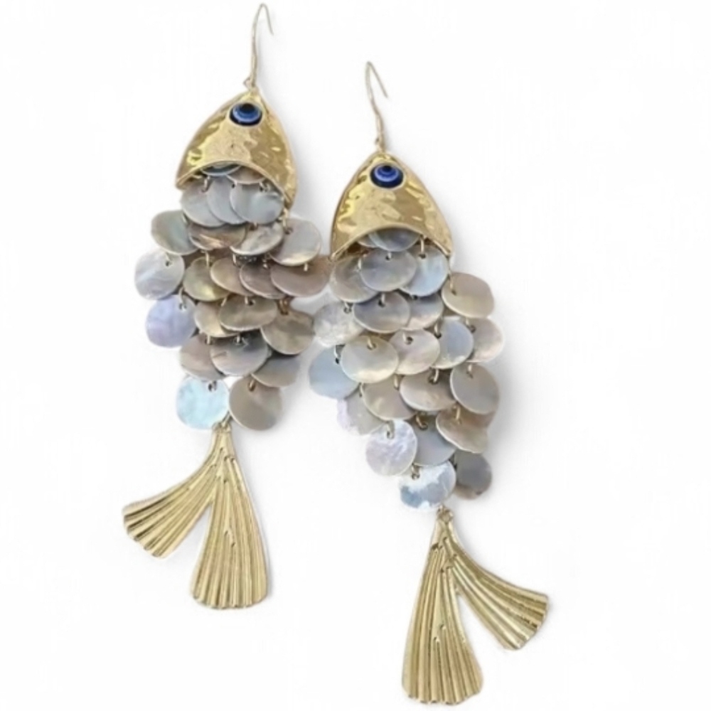 Gold & Silver Fish Statement Dangle Earrings Sequ… - image 2